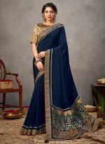 Satin Silk Navy Blue Wedding Wear Embroidery Work Saree